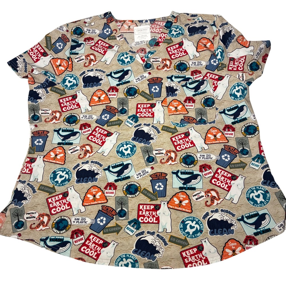Cherokee Eco Print Scrub Top 2XL Earth Day Recycling Animals Medical Uniform Top